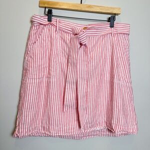 Talbots 14 Linen Cotton Red Pink Striped Belt Short Skirt Buttons Lined Coastal